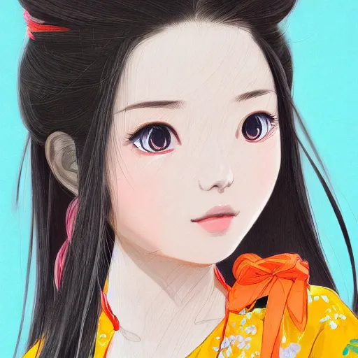Image similar to Portrait of a beautiful vietnamese girl, cute natural anime face, wearing traditional vietnamese dress, elegant, highly detailed, digital painting, concept art, smooth, sharp focus, illustration, strong lines and bold colors, limited color palette, atmosphere and tension, Japanese, trending on artstation