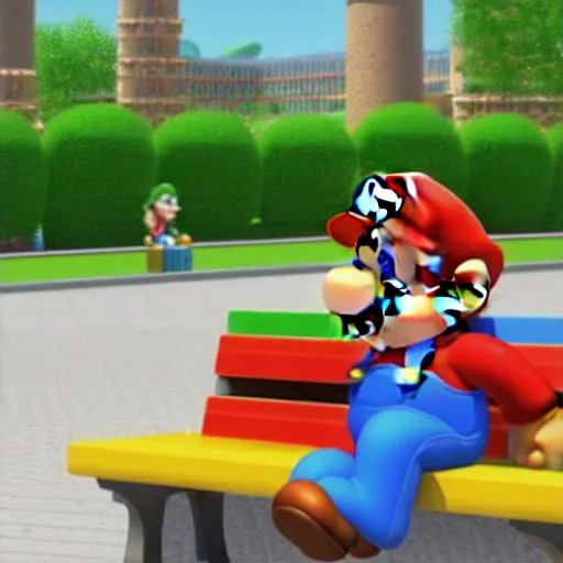 Image similar to 3 d photo of super mario, sitting on a bench with a park behind him, bokeh, shader, anime art style, highly detailed, cel - shaded, colorful, animated, trending