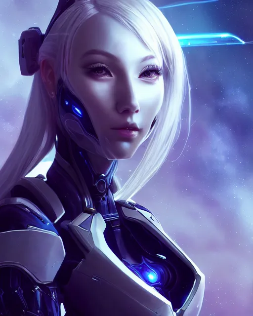 Image similar to perfect android girl on a mothership, warframe armor, beautiful face, scifi, futuristic, galaxy, nebula, raytracing, dreamy, long white hair, blue cyborg eyes, sharp focus, cinematic lighting, highly detailed, artstation, divine, by gauthier leblanc, kazuya takahashi, huifeng huang