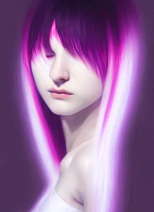 Image similar to hair whitebangs hair, black hair, whitebangs, portrait of teenage girl with white bangs, red irises, purple clothes, white bangs, bangs are different color from hair, intricate, elegant, glowing lights, highly detailed, digital painting, artstation, concept art, smooth, sharp focus, illustration, art by wlop, mars ravelo and greg rutkowski