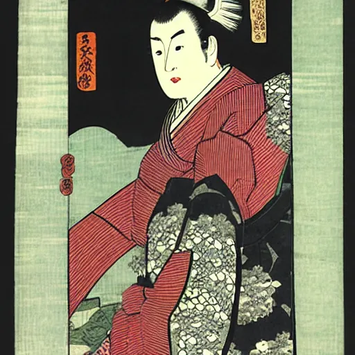 Prompt: Ichiban Kasuga, woodblock portrait by Utagawa Kuniyoshi