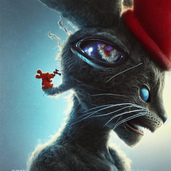 Image similar to complex 3 d render, hyper detailed, ultra sharp, alien cat in the hat, scary, cute, cinematic, head and shoulders, steampunk, natural soft light, rim light, octane render, artstation, art by artgerm and greg rutkowski and alberto seveso, dr seuss