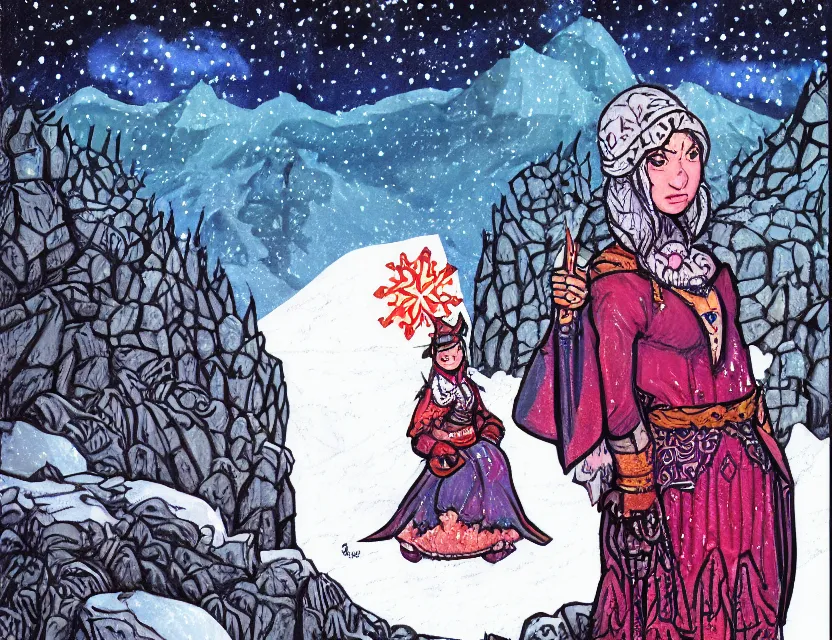 Prompt: pig priestess of the icy mountains. gouache painting by indie comic book artist, chiaroscuro, bokeh, backlighting, field of depth