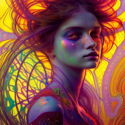 Image similar to A girl having an extremely colorful psychedelic experience, warping time and space, magic mushrooms, psilocybin, LSD, face, detailed, intricate, elegant, highly detailed, digital painting, artstation, concept art, smooth, sharp focus, illustration, art by Krenz Cushart and Artem Demura and alphonse mucha