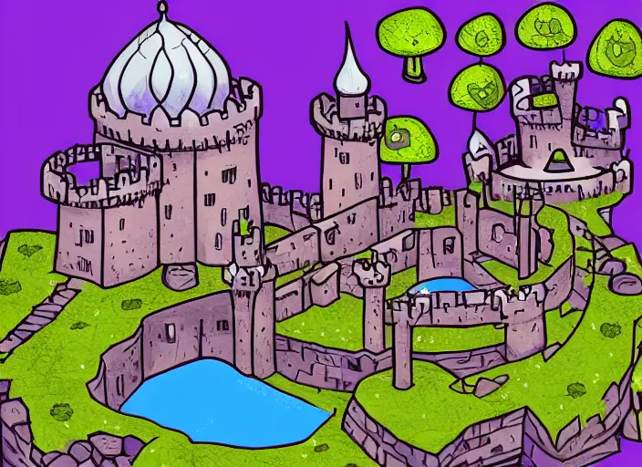 Prompt: a subterranean magic castle surrounded by a moat, underground cave castle, digital illustration, flat colors, blue and purple color scheme, pixel trickery studios game artwork,