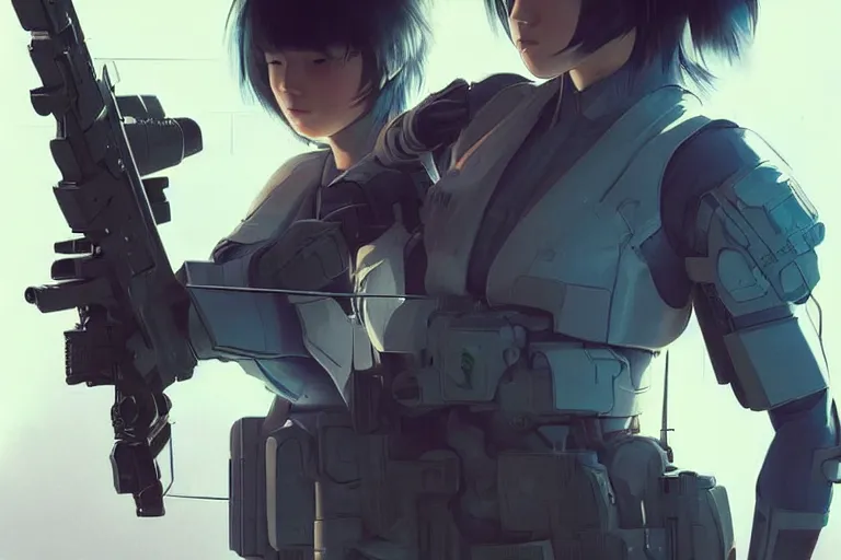 Image similar to young female japanese sniper aiming a railgun sniper rifle, neon, cyberpunk, futuristic, full cybernetic combat suit, short bob haircut, stunning illustration, highly detailed, digital painting, smooth, soft focus, illustration, ghost in the shell, 4 k digital art from artstation by artgerm and greg rutkowski and alphonse mucha