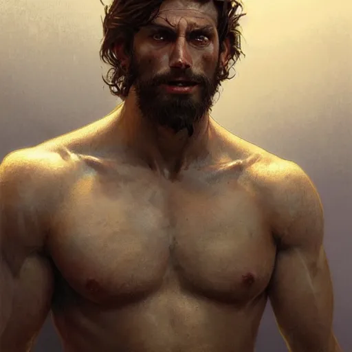 Image similar to portrait of a young rugged beserker, muscular, upper body, hairy torso, D&D, fantasy, intricate, cinematic lighting, highly detailed, digital painting, artstation, concept art, smooth, sharp focus, illustration, art by Artgerm and Greg Rutkowski and Alphonse Mucha