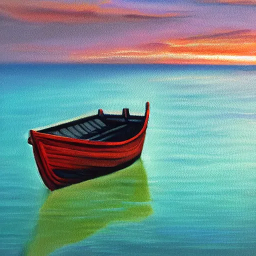 Image similar to highly detailed boat in a calm sea, sunset, 4k, oil painting