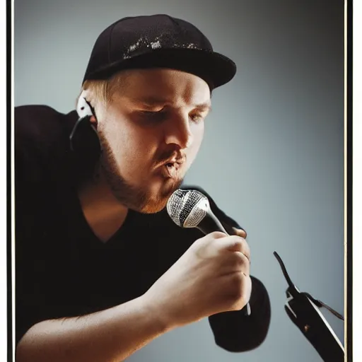 Image similar to beautiful portrait of rapper kool savas burning up a mic, by annie liebowitz, photorealistic, hyperrealism