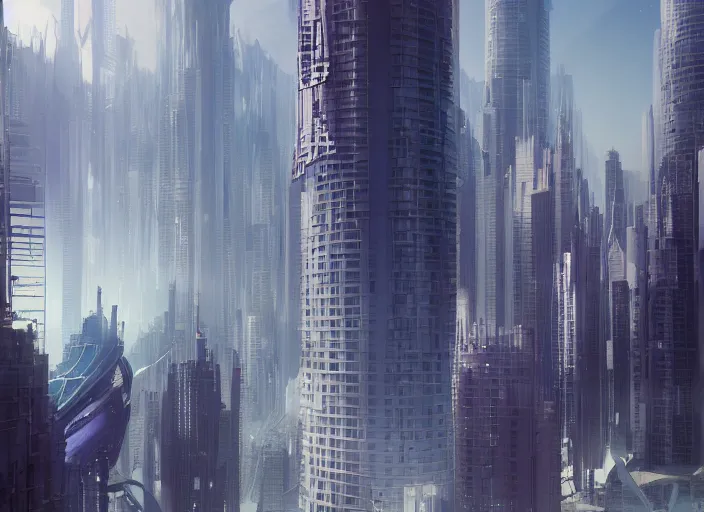 Image similar to 2 high rise buildings above futuristic space port, a detailed matte painting by Kitagawa Utamaro, cgsociety, octane render, highly detailed, matte painting, concept art, sci-fi