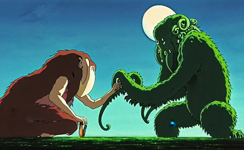 Image similar to a still from a studio ghibli movie of a cartoon cthulhu strangling king kong from princess mononoke ( 1 9 9 7 ), in front of a pale full moon, full body, wide shot, very dull muted colors, studio ghibli, highly detailed, deviantart, art by artgem