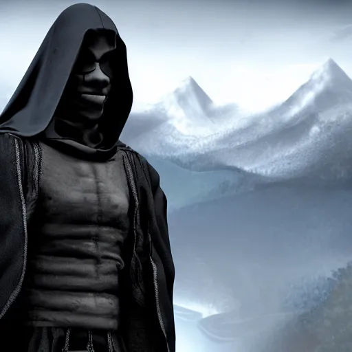 Image similar to a realistic full body of Konnor, a dragonblood, a black hood with black robes, extremely realistic and detailed, standing in front of a mountain