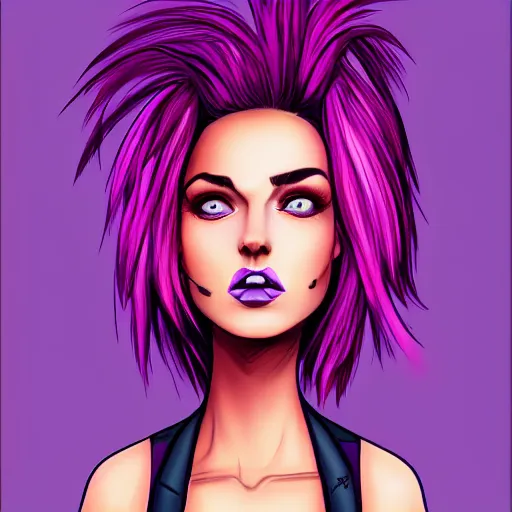 Image similar to a stunning upper body portrait of a beautiful woman with ombre purple and pink hair blowing in the wind by marvel comics, digital art, trending on artstation