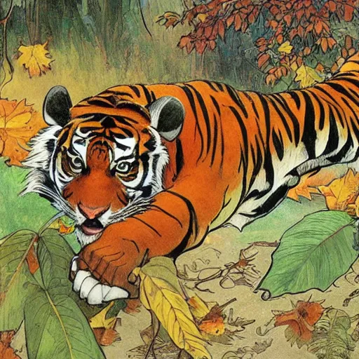 Image similar to a highly detailed cartoon tiger is flapping a leaf fan, sweating, autumn leaves on the ground, concise lines, ultradetailed environment, sharp focus, cinematic lighting, by alphonse maria mucha and kim jung gi