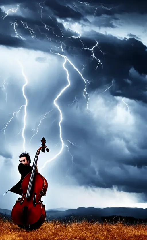 Prompt: classical musician playing double bass, hill, wind in long hair, landscape, clouds, dark sky, explosions, apocalypse, war, rain, raindrop wet, thunder, lightning, blood