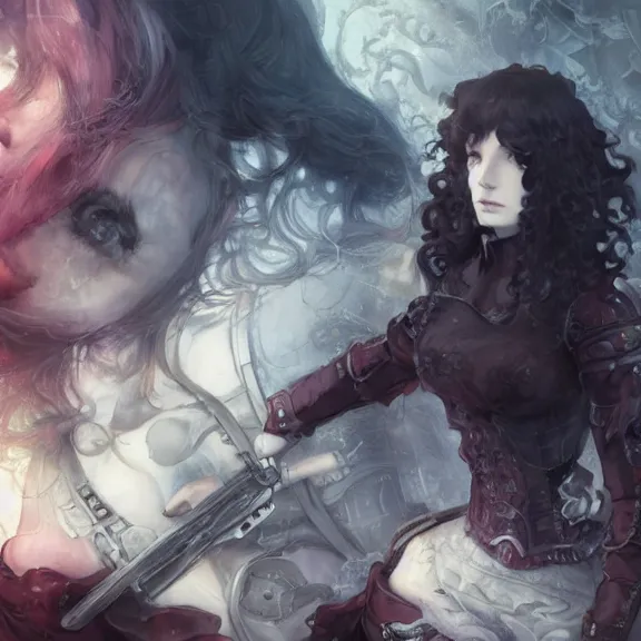 Image similar to christina hendricks!!! goth, tankoban, 4 k, tone mapping, akihiko yoshida, james jean andrei riabovitchev marc simonetti, yoshitaka amano, long hair, curly, h. hydrochaeri