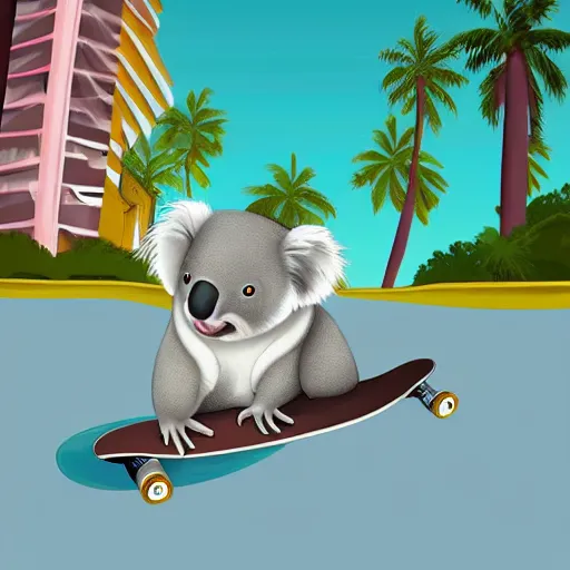 Prompt: koala driving a skateboard on miami beach, digital art