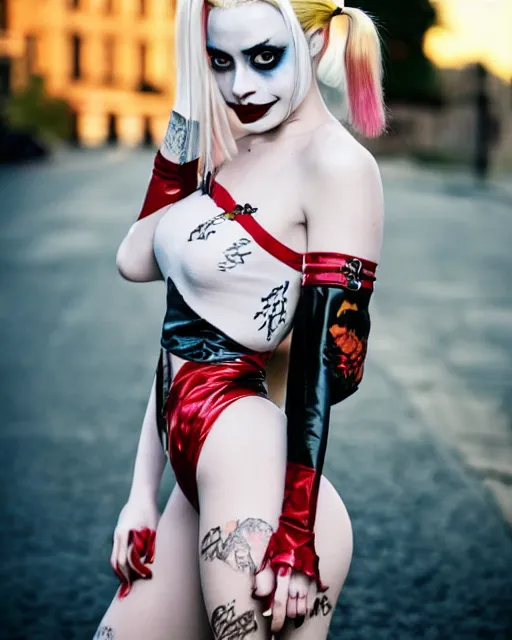 Image similar to 3 5 mm photo of elegant suicide squad harley quinn, long blonde hair and big eyes, finely detailed perfect face, standing on the wet street at sunset, golden hour sunset lighting,