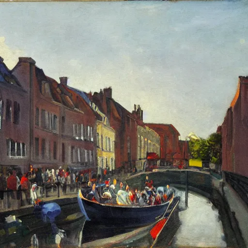 Prompt: street opening for boat on the canal, mattle painting