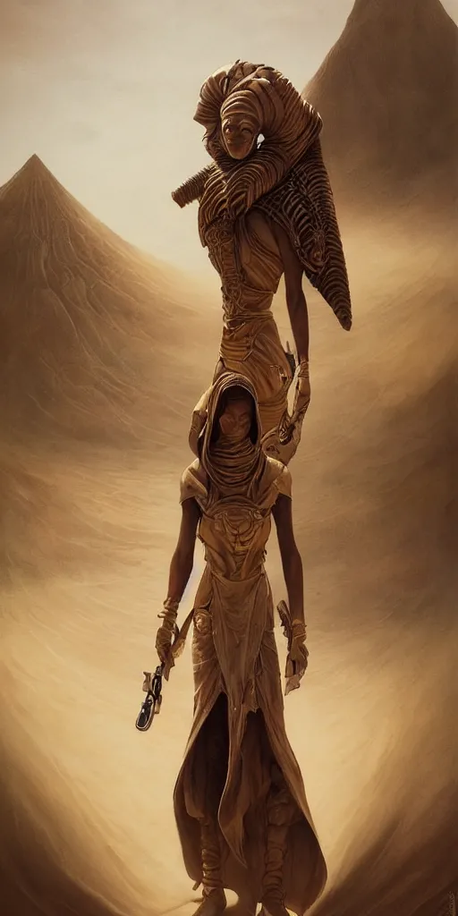 Image similar to a stunning hyperrealistic character from the movie Dune walking through an arid minimalistic desert with harsh noon sunlight with an oasis in the background, award-winning, masterpiece, in the style of Tom Bagshaw, Cedric Peyravernay, Peter Mohrbacher