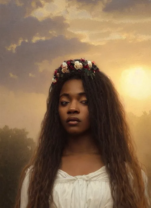 Image similar to oil painting close up portrait of a contemplative young black woman with long flowing hair in a white dress, wearing a crown of white roses!! at sunset, hazy, digital art, chiaroscuro, artstation, cinematic, golden hour, digital art painting by greg rutkowski, william - adolphe bouguereau, hazy atmosphere, cinematic lighting, flowers
