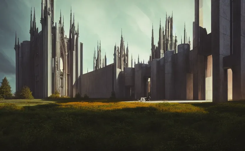 Prompt: exterior shot of utopian brutalist gothic stronghold architecture with cinematic lighting by zaha hadid peter zumthor and renzo piano and, darek zabrocki and greg ruthkowski, simon stalenhag, cinematic, holy place, paradise, scifi, futurism, atmospheric, concept art, artstation, trending on artstation