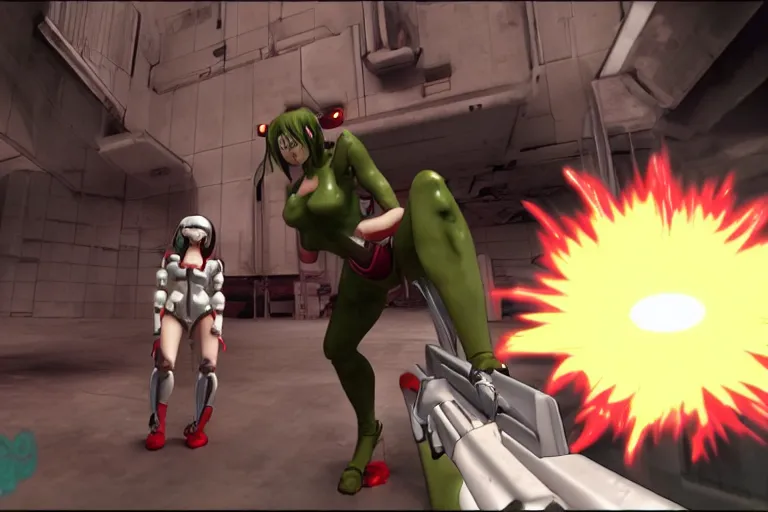 Image similar to an anime girl in a screenshot of the video game doom, the anime girl is crouching