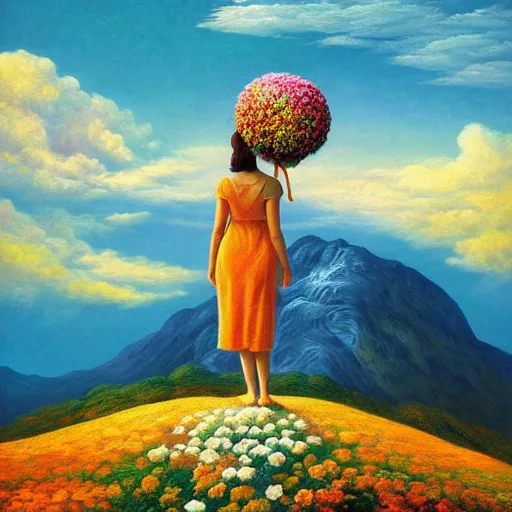Image similar to giant flower head, frontal, woman standing on mountain, surreal photography, mist below, colorful clouds, impressionist painting, digital painting, artstation, rob gonsalves