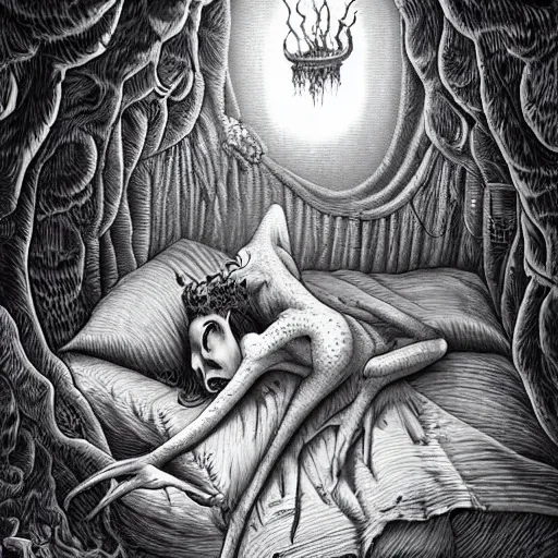 Prompt: Sleep paralysis demon emerges in the dreams of a young woman while she’s in bed, very detailed, unique, surreal made by Joe Fenton