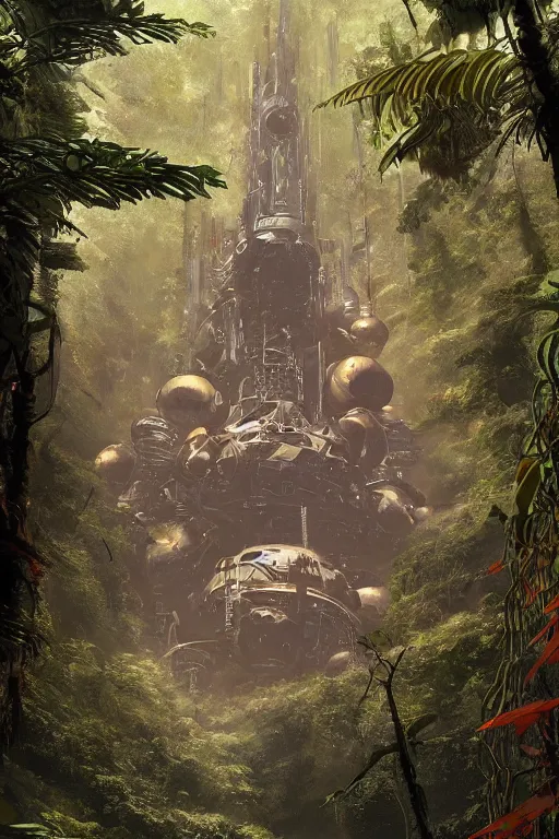 Prompt: a crashed sci-fi spacecraft in a magical tropical rain forest, D&D, fantasy, intricate, cinematic lighting, highly detailed, digital painting, artstation, concept art, smooth, sharp focus, illustration, art by Terry Moore and Greg Rutkowski and Alphonse Mucha