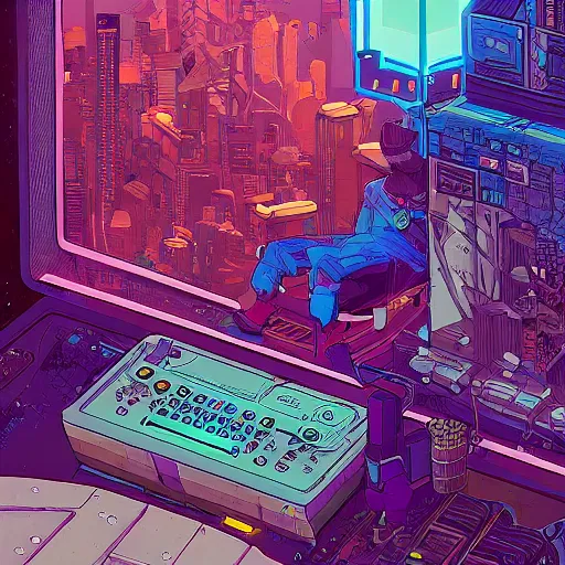 Image similar to explorer with cyberpunk headpiece playing video games in his treehouse, highly detailed, 4k, midnight, by Victo Ngai and James Gilleard , Moebius, Laurie Greasley, adventure time colour palette