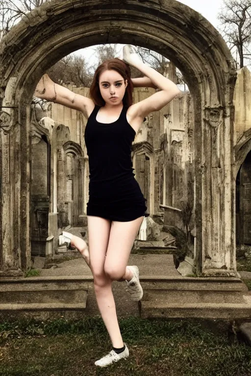 Prompt: egirl doing a shuffle dance in an abandoned graveyard, aesthetic!! highly symmetric body parts, clean composition, outdoor lighting, beautiful highly symmetric face, gazing eyes