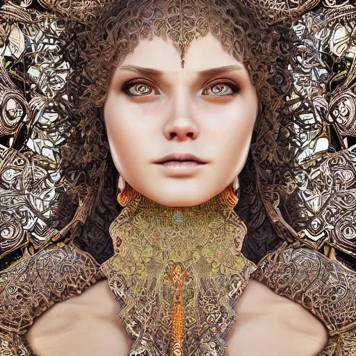 Image similar to wonderful princess of fractals and patterns, beautiful face, hyper detailed, background intricate and detailed, ornate 8 k gorgeous intricate detailed, octane render