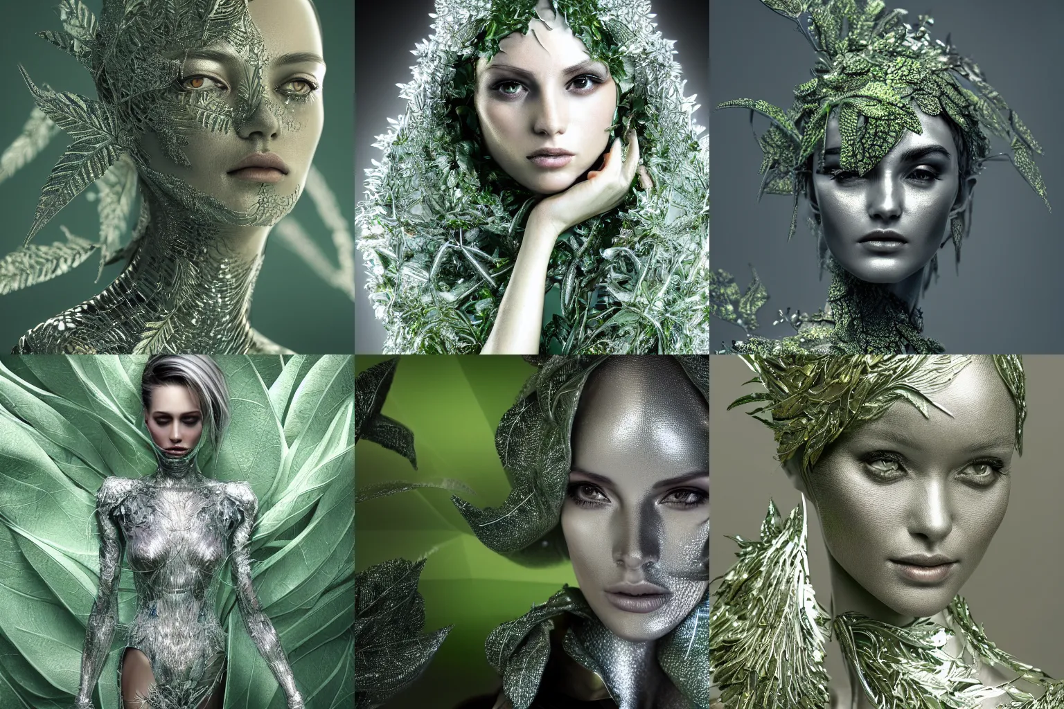 Prompt: a highly detailed digital image of a silver covered elegantly posed futuristic woman beautifully cocooned in green leafy foliage like leaves shot, full body shot, by Andrew Chiampo, artstation, and Frederik Heyman, extremely detailed woman, stunning volumetric lighting, intricate details, hyper realism, fantasy, textured, stylized, 4k, k_euler_ancestral