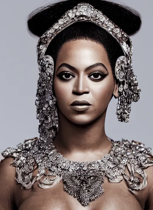 Image similar to photo of beyonce styled by nick knight posing, intricate headpiece, showstudio, face close up, vogue magazine, 2 0 2 0, canon, highly realistic. high resolution. highly detailed. dramatic. 8 k. 4 k. zeiss lens, canon eos, cinematic lighting, photography, film still