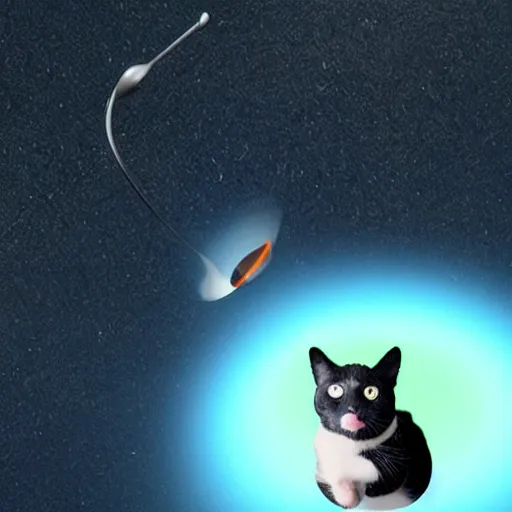 Image similar to cat surfing a black hole while playing the trombone