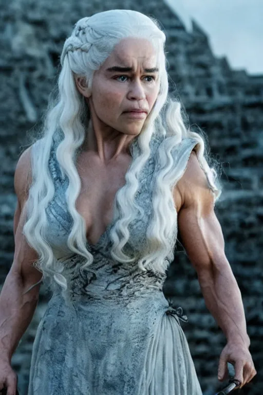 Prompt: still of arnold schwarzenegger as daenerys targaryen in game of thrones ( 2 0 1 1 ), promotional still