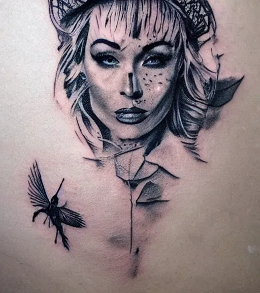 Image similar to realism tattoo sketch of a isabelledeltore face double exposure mountain scenery, in the style of matteo pasqualin, amazing detail, sharp, faded