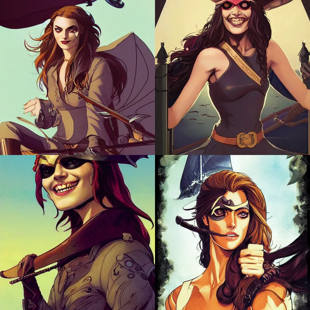 Image similar to Rafeal Albuquerque comic art, Joshua Middleton comic art, pretty female Phoebe Tonkin, pirate, black cloth medical eye patch over left eye, evil smile, pirate clothing, long wavy hair, full body, on a pirate ship, sunny weather