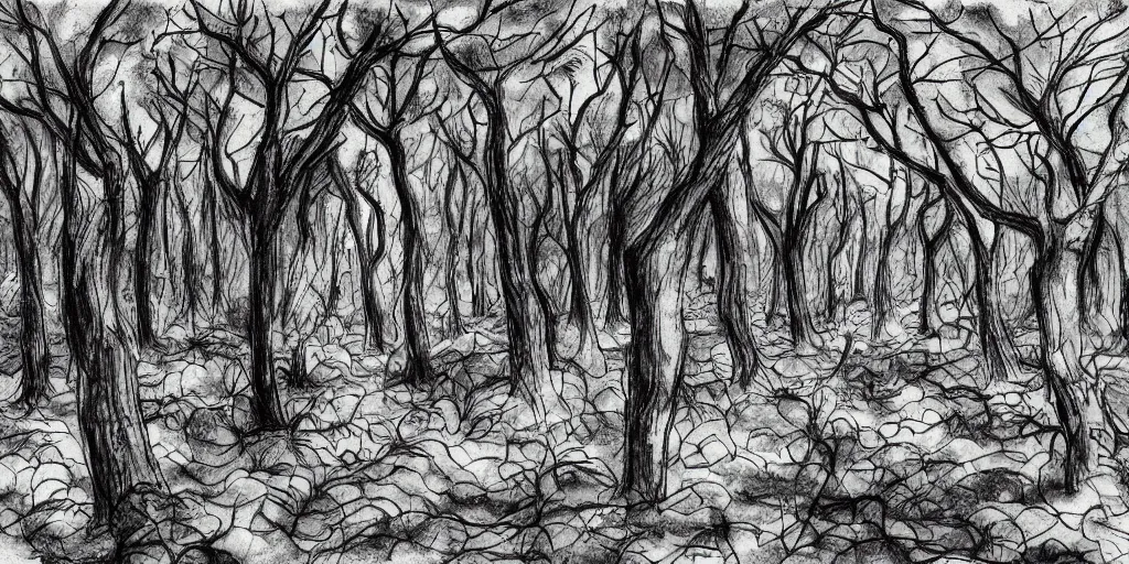 Image similar to graveyard of trees, Manga art sketch