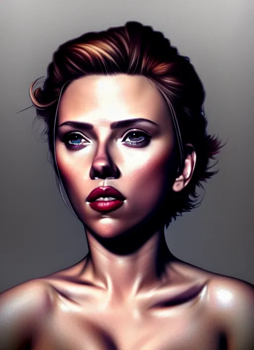 Image similar to full body gorgeous Scarlett Johansson, realistic character concept, full body pose, tattoos, autumn, makeup, shorter neck, illustration, symmetrical eyes and body, cinematic lighting, detailed realistic symmetrical eyes, artgerm, Joshua Middleton, single face, insanely detailed and intricate, beautiful