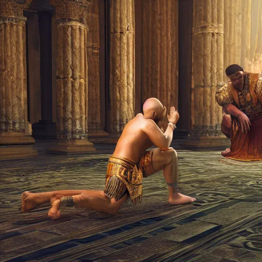 Prompt: A man kneeling before gods asking for his wishes to be fulfilled, with gods in the foreground in a temple setting, ultra photo realistic, unreal engine, 8K UHD