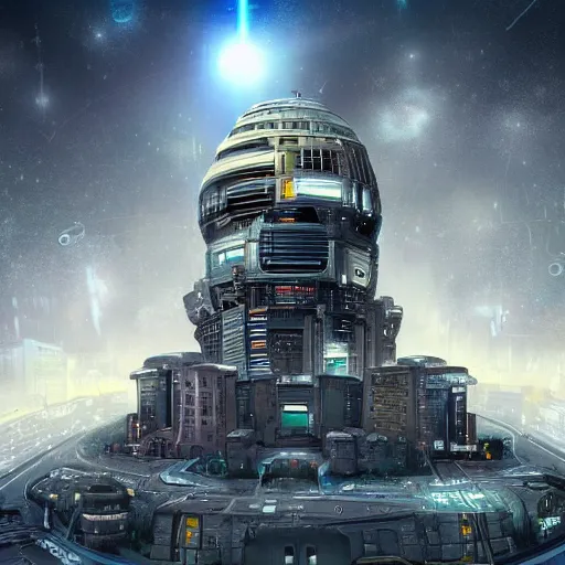 Image similar to sci - fi city with one large watchtower in the center shining a searchlight, dystopian, wide shot, digital art, detailed