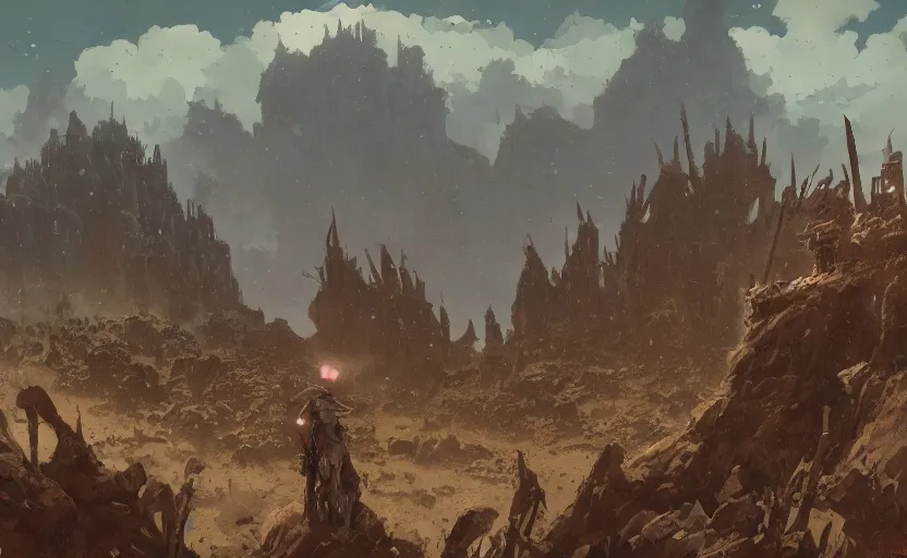 Image similar to flat wastelands, isolated rock spikes, greg rutkowski, brom, james gurney, mignola, craig mullins, alan lee, gustave mucha