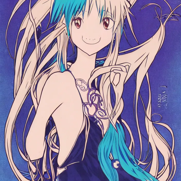 Image similar to portrait of rimuru tempest from that time i got reincarnated as a slime. art by alphonse mucha