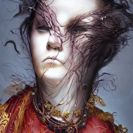 Image similar to portrait of a Shibari rope wrapped face and neck, headshot, insanely nice professional hair style, dramatic hair color, digital painting, of a old 18th century, Royal Emperor, amber jewels, baroque, ornate clothing, scifi, realistic, hyperdetailed, chiaroscuro, concept art, art by Franz Hals and Jon Foster and Ayami Kojima and Amano and Karol Bak,