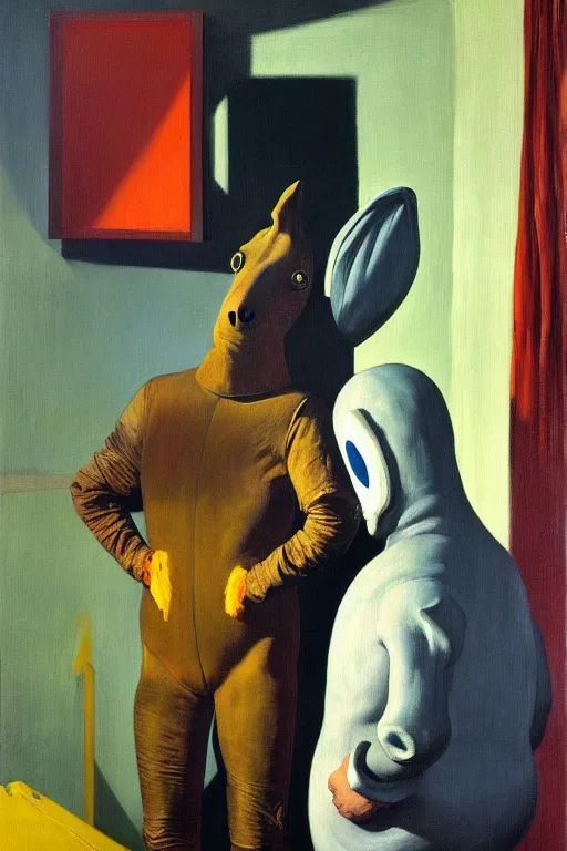 Image similar to man in horse costume, horse in costume astronaut, hauntingly surreal, highly detailed painting by francis bacon, edward hopper, adrian ghenie, gerhard richter, and james jean soft light 4 k,