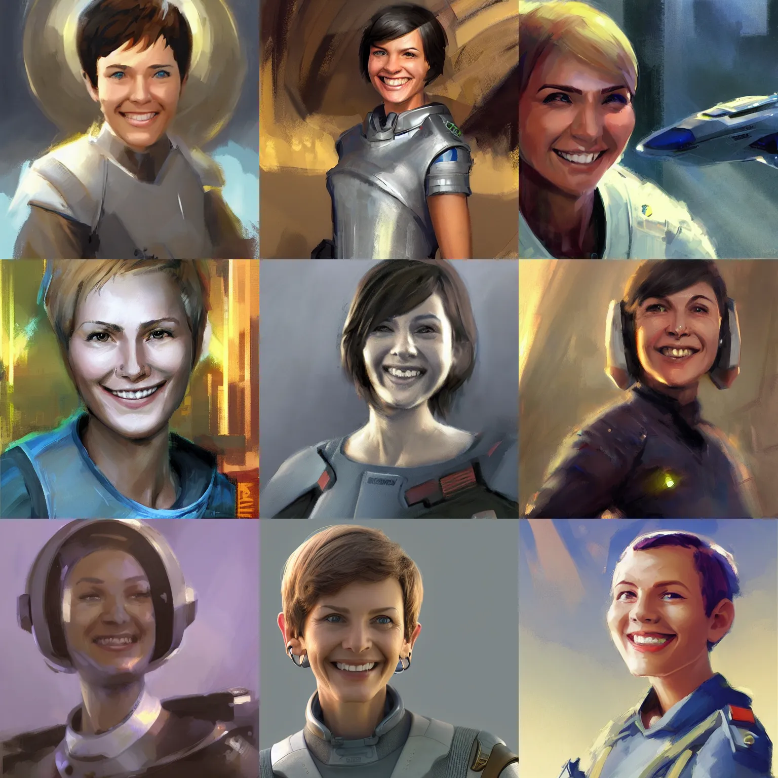 Prompt: futuristic starship engineer with short hair, female, optimistic smile, candid, sci fi character portrait by Craig Mullins