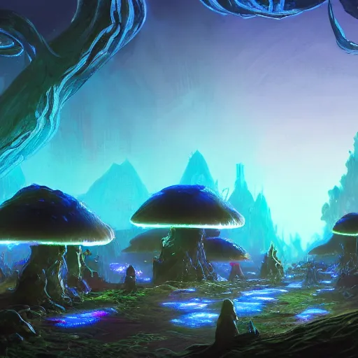 Prompt: concept art painting of a fantasy alien nighttime landscape of houses made of fungus, with glowing blue lights, glowing mushrooms, dark purple sky, realistic, detailed, cel shaded, in the style of makoto shinkai and greg rutkowski and albert bierstadt and james gurney
