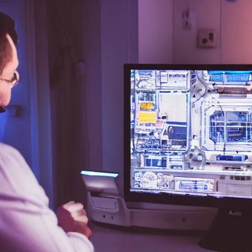 Prompt: A man pointing angrily at his computer monitor on the space station, 35mm, f/1.4, f1.8 anamorphic, bokeh, 4k, Canon, Nikon